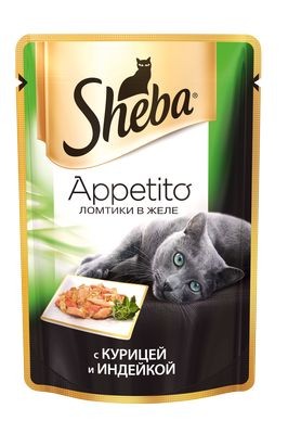 Sheba Appetito паучи в форме ломтиков курицы и индейки в желе для взрослых кошек