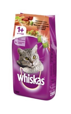Whiskas сухой корм для взрослых кошек со сметаной и овощами, подушечки с паштетом, говядина и кролик
