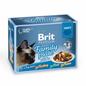 Влажный корм для кошек Brit Premium Cat Family Plate Gravy pouches ассорти из 4 вкусов «Семейная тарелка» в соусе