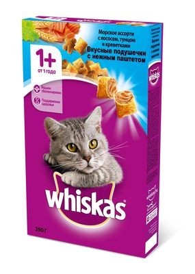 Whiskas сухой корм для взрослых кошек с паштетом из лосося, тунца и креветки