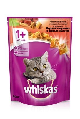 Whiskas сухой корм с подушечками для взрослых кошек с говядиной, ягненком и кроликом