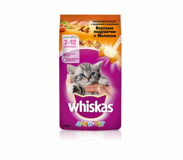 Whiskas сухой корм для котят, молочные подушечки, индейка/морковь