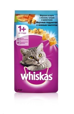 Whiskas сухой корм для взрослых кошек с паштетом из лосося, тунца и креветки
