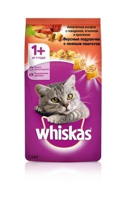 Whiskas сухой корм с подушечками для взрослых кошек с говядиной, ягненком и кроликом