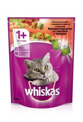 Whiskas сухой корм для взрослых кошек с паштетом из говядины, ягненка, кролика и сметаны