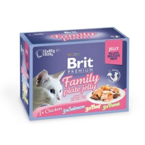 Набор паучей Brit Premium Family Plate Jelly для взрослых кошек в желе скурицей, говядиной, форелью и лососем