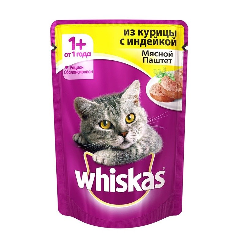 Whiskas паучи в форме мясного паштета с курицей и индейкой для взрослых кошек от 1 года