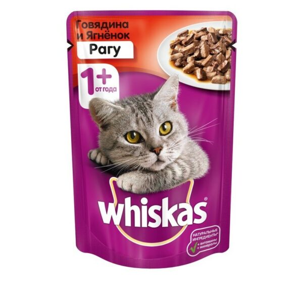 Whiskas паучи в форме рагу с говядиной и ягненком для взрослых кошек от 1 года