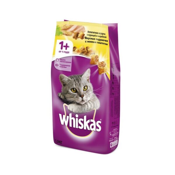 Whiskas сухой корм для взрослых кошек, подушечки с паштетом из курицы и индейки