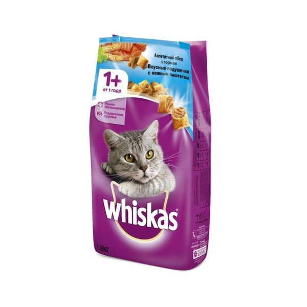 Whiskas сухой корм для взрослых кошек, подушечки с паштетом из лосося