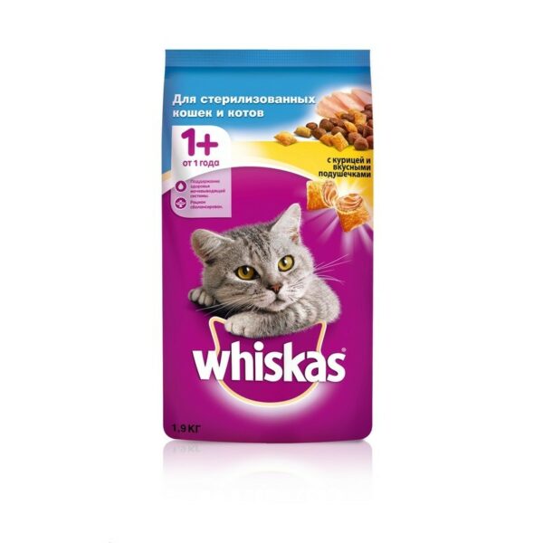 Whiskas сухой корм с курицей для стерилизованных кошек и котов старше 1 года