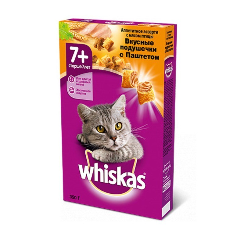 Whiskas сухой корм в форме подушечек с паштетом, аппетитное ассорти с мясом птицы для пожилых кошек старше 7 лет