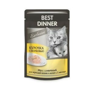 Best Dinner Exclusive 85 г консервы для кошек и котят с 1 месяца мусс сливочный с курочкой и морковью пауч 1х24