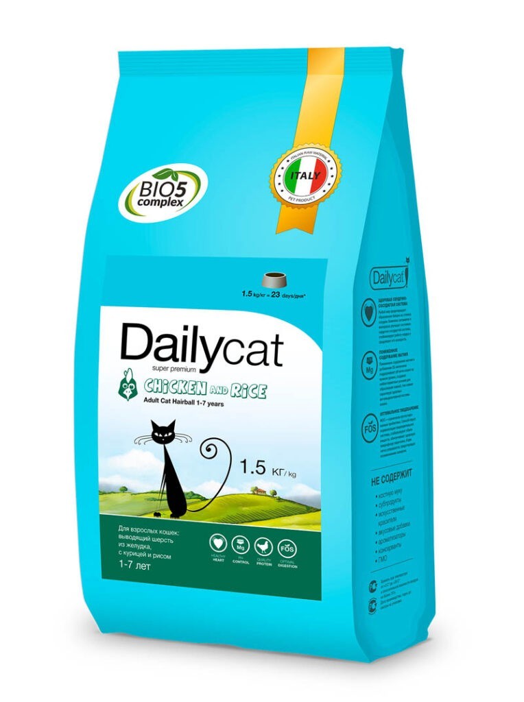 Сухой корм Dailycat Adult Hairball Chicken and Rice для взрослых кошек для вывода шерсти из желудка с курицей и рисом - 1.5 кг