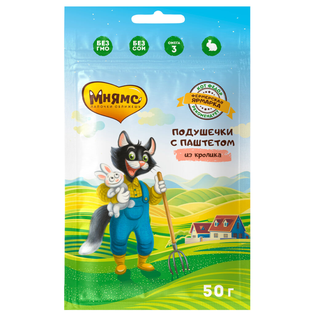 Лакомство Мнямс «хрустящие подушечки» для кошек  с паштетом из кролика линии Кот Федор "Фермерская Ярмарка" 50г