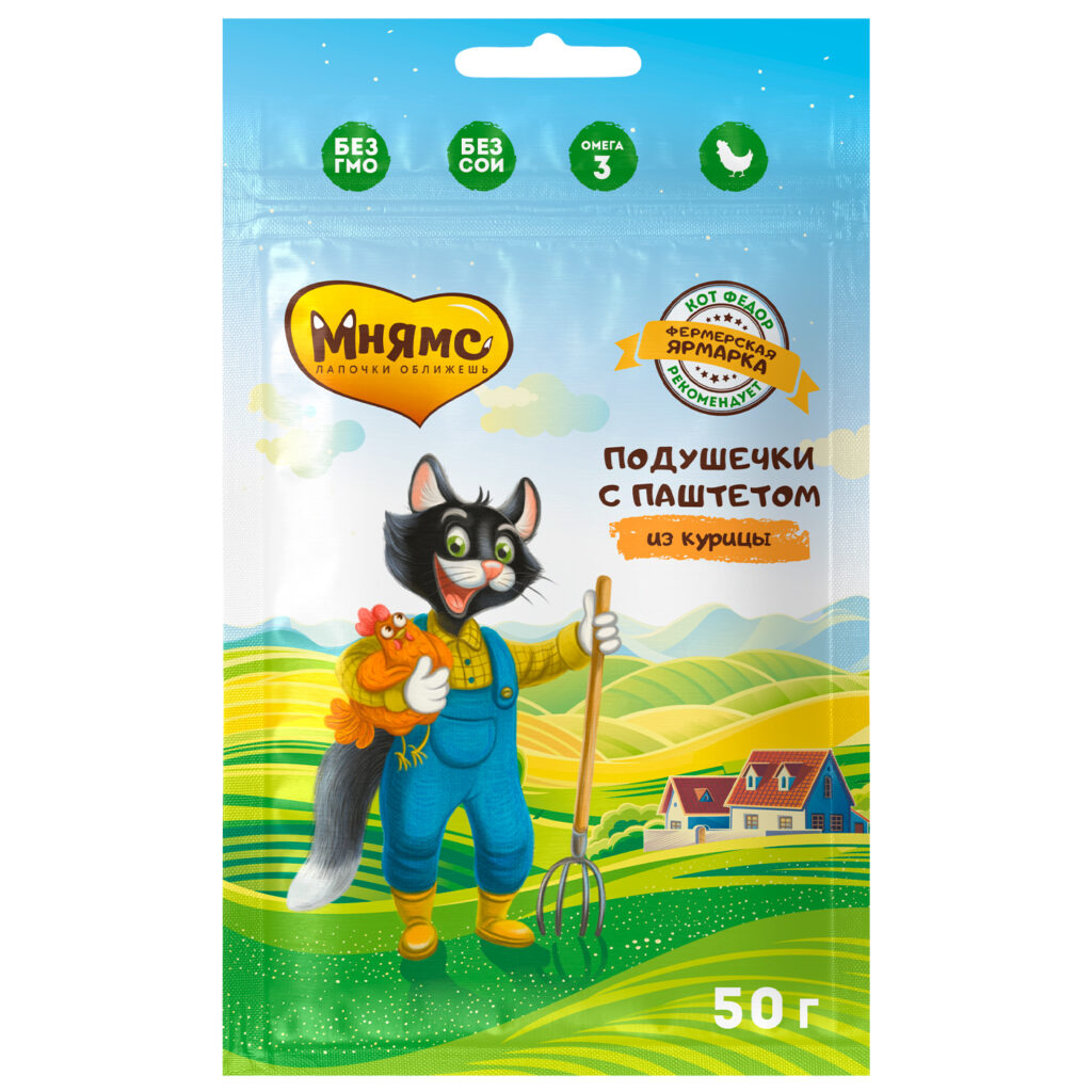Лакомство Мнямс «хрустящие подушечки» для кошек  с паштетом из курицы линии Кот Федор "Фермерская Ярмарка" 50г