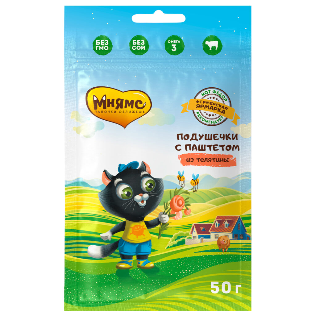 Лакомство Мнямс для котят "хрустящие подушечки" с паштетом из телятины линии Кот Федор "Фермерская Ярмарка" 50г